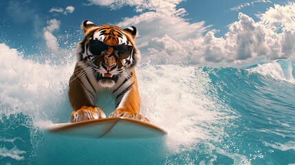 tiger rides a surfboard on the ocean waves wearing sunglasses. close up. Fisheye lens.