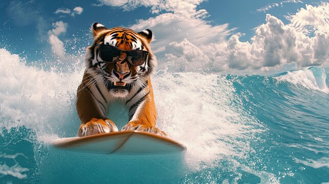 tiger rides a surfboard on the ocean waves wearing sunglasses. close up. Fisheye lens.