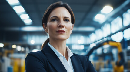 Obraz premium A female manager in a modern industrial factory with robotic arms and automated machines operating in the background. She oversees the efficient production processes, demonstrating