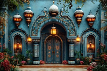 Obraz premium Ornate Blue Doorway with Intricate Designs and Glowing Lanterns, Surrounded by Lush Plants
