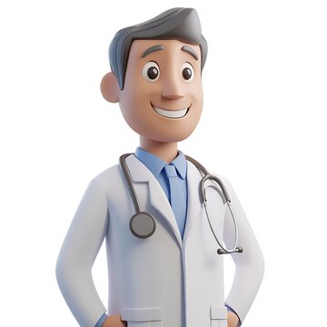 Healthcare professional with medical equipment around neck and hands on hips, smiling with cartoonish look, isolated on white background, 3D illustration