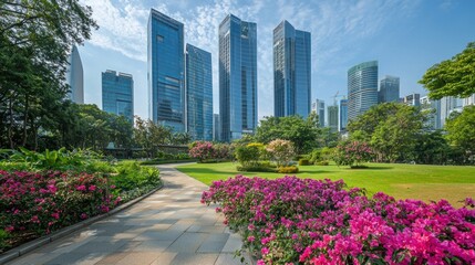 Fototapeta premium Urban Oasis: Skyscrapers and Blossoms in Harmony