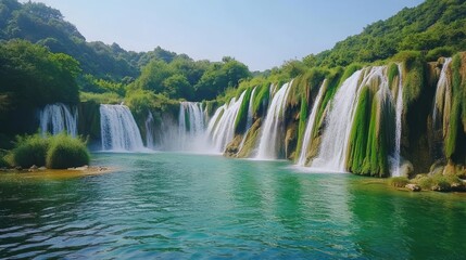 Fototapeta premium Serene Waterfall Cascading Down Lush Green Hills