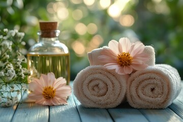 Rolled towels, essential oil and flowers creating relaxing spa atmosphere