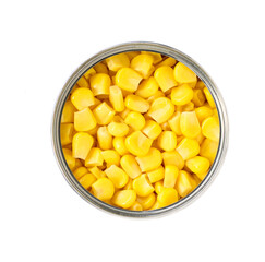 Canned sweet corn in metal can, isolated on a white background,  top view.