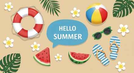 Hello Summer banner template with colorful beach elements like tropical leaves, beach ball, swim ring, sunglasses, flip-flips, flowers on sand
