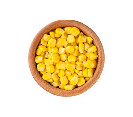 Wooden bowl with canned food maize isolated on white background, top view.