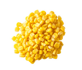 Boiled corn kernels pile isolated on white background, top view.