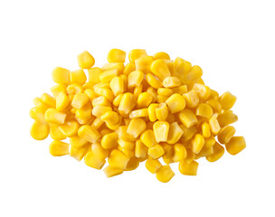 Boiled sweet corn kernels heap isolated on white background, top view.