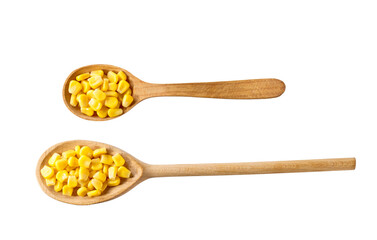 canned food maize in a wooden spoon isolated on white background, top view.