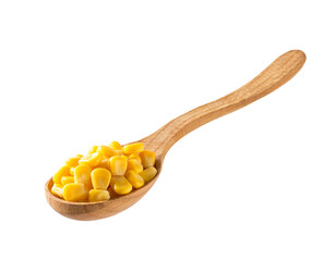 canned food maize in a wooden spoon isolated on white background.