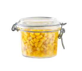 Jar with canned corn kernels isolated on white background.