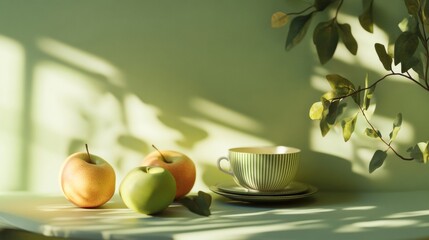 Fresh apples and a striped tea cup arranged on a soft green table under gentle sunlight in a calm indoor setting. Generative AI