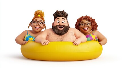 Joyful Friends Floating in Inflatable Ring: A Summertime Cartoon Illustration