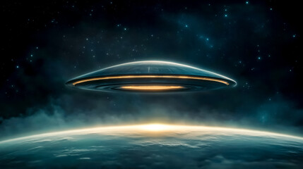 Obraz premium Huge alien space station hovering above planet at sunrise