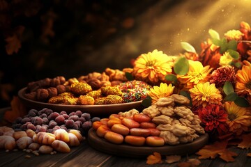 A cozy autumn-themed table filled with colorful sweets, golden flowers, and soft sunlight highlighting the warm tones of the scene