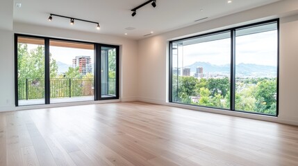 Fototapeta premium Modern apartment living room with city view, hardwood floors, and balcony access
