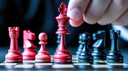 Hand moving red chess king; strategy, competition; dark background; business planning
