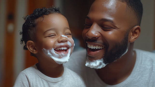 Father and son share joyful moments shaving faces with soap in a humorous bonding experience at home