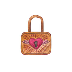 Watercolor illustration of a heart-shaped pink lock with wings and radiant lines. Hand draw. In the style of the 80s, 90s. Perfect for romantic themes, Valentines Day cards, and creative projects.