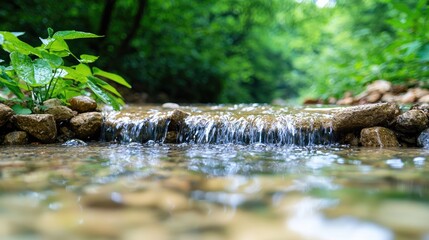 Fototapeta premium Clear water flows over a small rocky dam in a lush green forest during daytime.