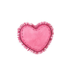 Watercolor illustration of a stitched pink heart with frayed edges. The patch. Hand-drawn in the style of the 80s, 90s. Ideal for Valentine's Day designs, romantic crafts, convey love and warmth.