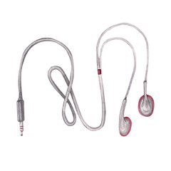 A watercolor illustration of wired earphones with soft red accents. Hand-draw in the style of the 80s and 90s. Nostalgia. Ideal for music-themed designs, tech illustrations, or lifestyle projects.