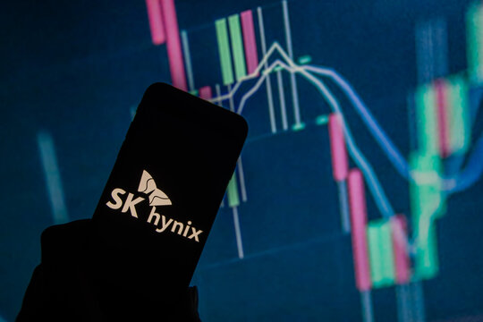 Rheinbach, Germany  26 January 2025,  The brand logo of the South Korean semiconductor manufacturer "SK Hynix" on the display of a smartphone (focus on the brand logo)