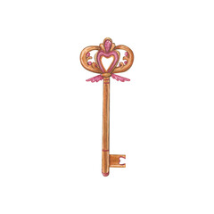 Watercolor illustration of a golden key with a heart-shaped design and pink accents. Antique key. Adornment of lovers. Ideal for romantic themes, wedding invitations, Valentines Day projects.