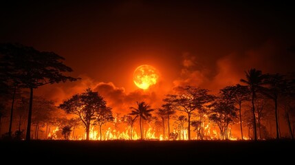 Obraz premium Night fire, tropical forest burning, blood moon