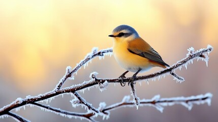 A colorful bird perched on a frosty winter branch during a serene golden sunrise, highlighting its vibrant plumage