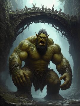 Fierce Forest Troll Illustration, Mythical Giant Under Rustic Bridge