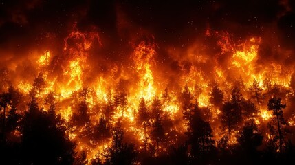 Night forest fire inferno, burning trees, starry sky, disaster