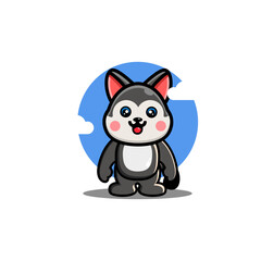 Cute cartoon husky with white belly standing on two legs blue sky background with clouds