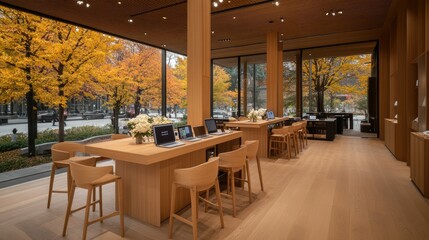 Modern workspace in a city center features large windows revealing autumn foliage and inviting wooden furniture for productive collaboration