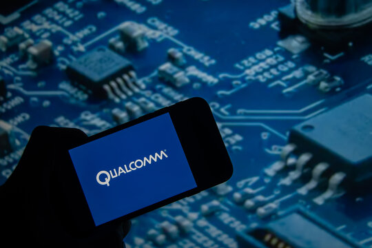 Rheinbach, Germany  26 January 2025,  The brand logo of the semiconductor manufacturer "Qualcomm" on the display of a smartphone (focus on the brand logo)