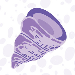 A vector graphic of a seashell in shades of purple with a seamless spotted pattern background.