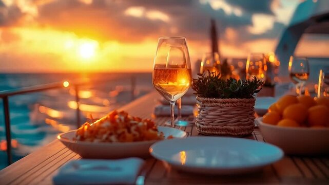 Romantic sunset dining on luxury yacht with ocean view and elegant table setting