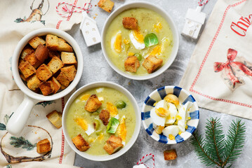 Cream of Brussels Sprouts Soup with Boiled Egg and Croutons..style hugge.selective focus