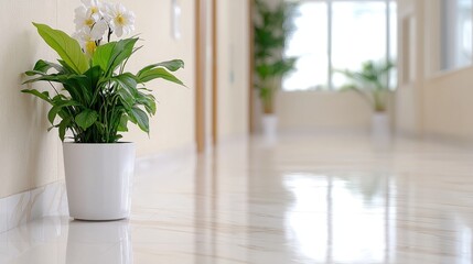 Office hallway plant, bright interior design, shiny floor, background windows, modern workspace
