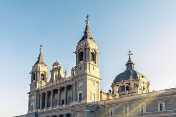 Detail of the Almudena Cathedral in Madrid, highlighting the twin bell towers and central dome...