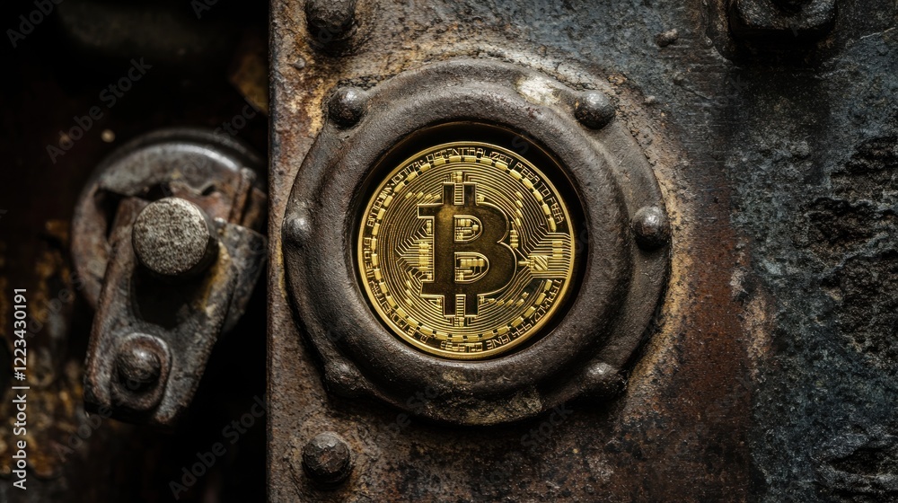 Poster Bitcoin Coin Embedded In Rusty Metal Surface
