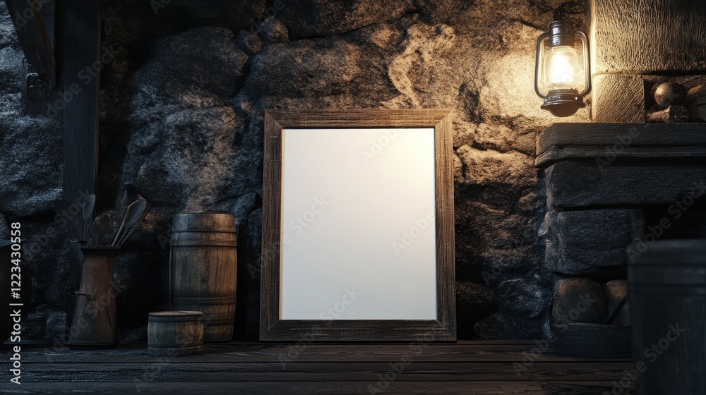 Poster blank frame in rustic stone room setting