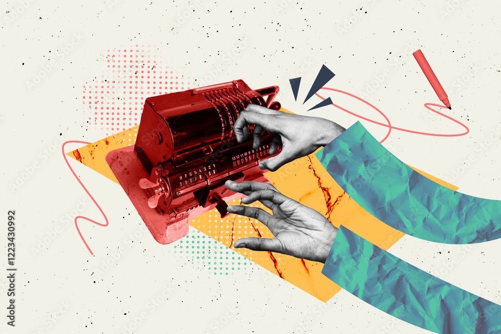 Fototapete contemporary poster trend art collage of hands type retro typewriter device text typescript machine 