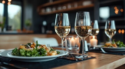 Obraz premium Romantic dinner, champagne, modern kitchen, candlelight