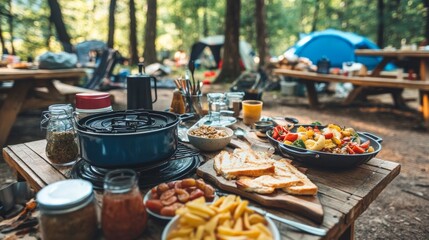 A spread of camping recipes being prepared on portable stoves and grills, set on a picnic table in a scenic campground,