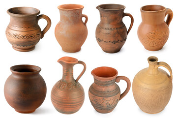 Set clay and ceramic jugs isolated on white