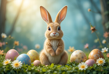 A cute rabbit with big ears sitting among colorful Easter eggs and bright flowers. The spring mood and the joy of the holiday are conveyed through vivid details and delicate shades.