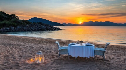 Romantic Beach Dinner Sunset Seascape Setting