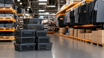 Stacked black baskets in a retail warehouse surrounded by clothing items on shelves ready for inventory management